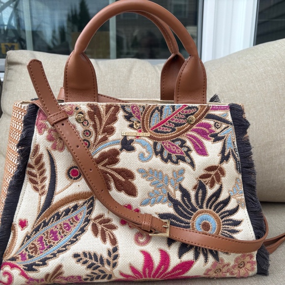 Spartina 449 Handbags - Spartina 449 Natural Linen Genuine Leather Fall Floral Satchel/Crossbody Bag